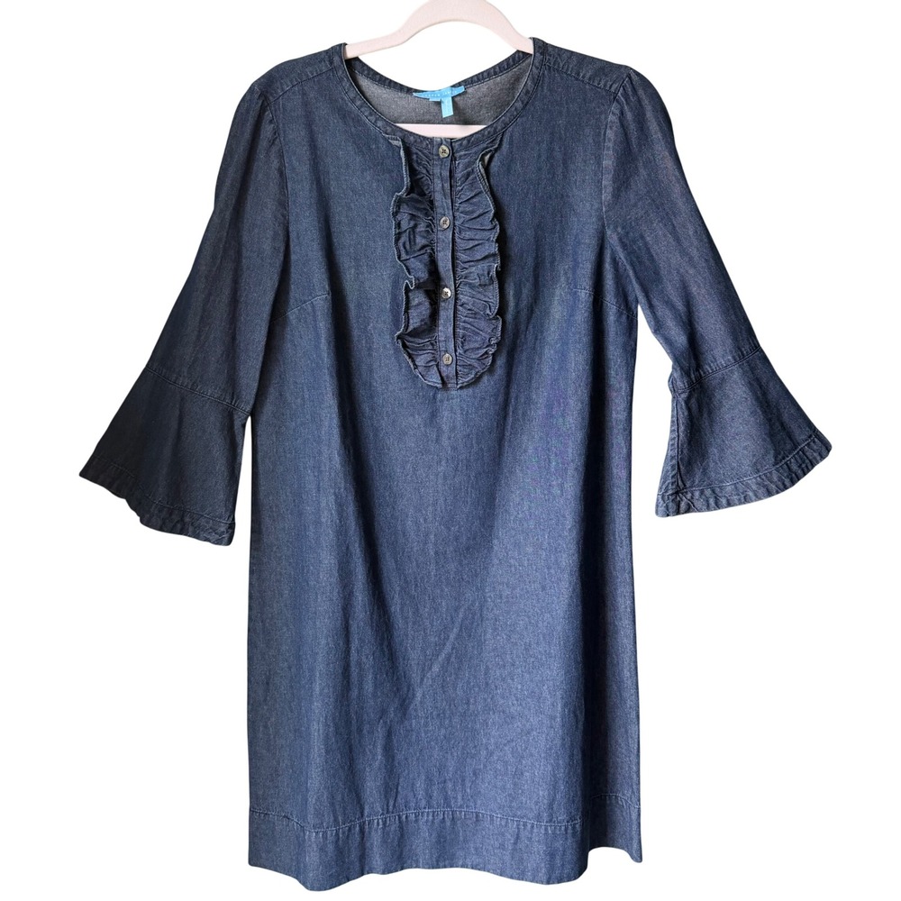 Draper James Chambray Shift Dress Ruffle 3/4 Bell Sleeves 100% Cotton Denim SZ 8